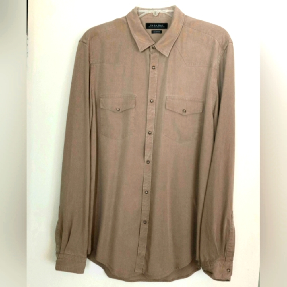 Zara Man snap button down long sleeve Brown men's shirt Size L